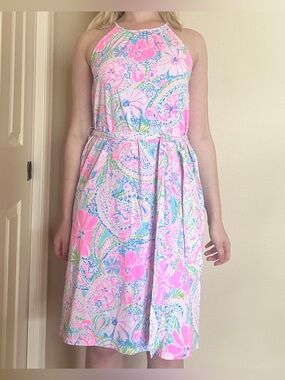 Lilly Pulitzer Mabry Midi Dress Flock Full of Fun Pink Halter Belted S
